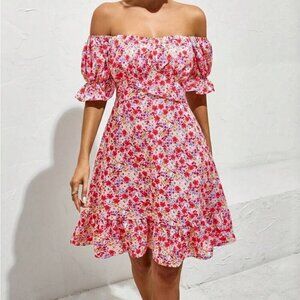 SHEIN Pink Red Floral Off-Shoulder Puff Sleeve Mini Sundress Women’s Size Small